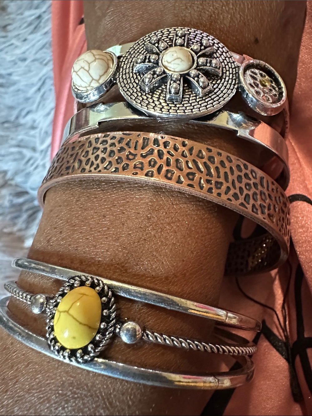 3PCS Handcrafted Silver & Yellow Stone,bronze Women's Bracelet Set